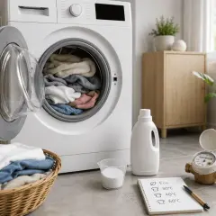 Notatnik z programami prania i wodomierzem obok pralki. Zastanawiasz się, ile wody zużywa pralka?