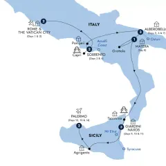 A travel map of the southern Italy coast, highlighting Rome, Amalfi Coast, Sicily, and other destinations.