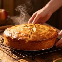 Un délicieux quatre-quarts fumant, tout juste sorti du four, avec des pommes en arrière-plan.