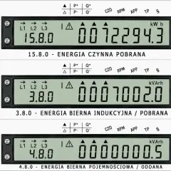 Trzy liczniki gama 350 Norax 3 pokazują różne pomiary energii: czynną pobraną (15.8.0 kWh), bierną indukcyjną/pobraną (3.8.0 kVArh) i bierną pojemnościową/oddana (4.8.0 kVArh).