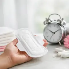 Dłoń trzyma podpaskę, obok stos podpasek, tampony, kwiaty i budzik. Wskazówka: jak podkładać basen sanitarny.