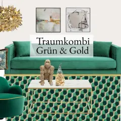 Grün und Gold: eine Traumkombination für Ihr Wohnzimmer. Ein grünes Sofa, Sessel, Kissen und ein Teppich mit goldenen Akzenten.