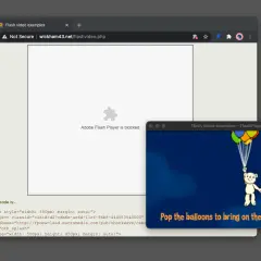 A teddy bear holds balloons in a Flash Player window, while the main browser window shows "Adobe Flash Player is blocked.