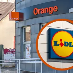 Salon Orange oferuje darmowy internet. Obok widoczny szyld Lidl.