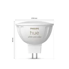 Żarówka Philips Hue, biała i kolorowa, o średnicy 50 mm i wysokości 49 mm.