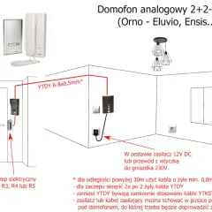 Schemat podłączenia domofonu analogowego 2+2-przewodowego. Pokazuje rozmieszczenie unifonu, kasety zewnętrznej, zaczepu elektrycznego i zasilacza, z uwzględnieniem typu kabla YTDY.