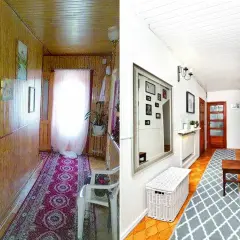 Metamorfoza starej boazerii: z przytulnego korytarza w stylu retro do jasnego, nowoczesnego wnętrza z galerią ścienną.