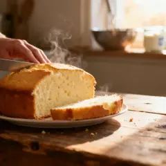 Un délicieux gâteau au yaourt, encore chaud, est coupé en tranches sur une table en bois rustique. La vapeur s'échappe doucement du gâteau.