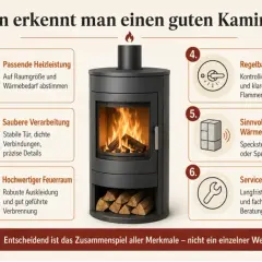 Ein moderner Kaminofen mit brennendem Holz. Links und rechts sind sechs Punkte aufgeführt, die einen guten Kaminofen ausmachen, z.B. Heizleistung, Verarbeitung, Feuerraum, Luftzufuhr, Wärmespeicherung und Service. Die richtige temperatur ist entscheidend.
