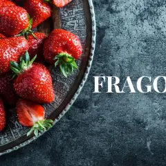 Soczyste truskawki na ozdobnej tacy, obok napis "FRAGOLINO". Idealne na letnie orzeźwienie.