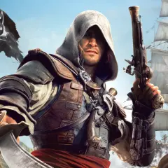 Piracki kapitan z pistoletem i szablą na pokładzie statku, gotowy do walki. Wygląda jak z gry **black flag remake**.