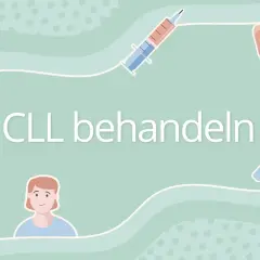 Illustration zeigt Medikamente, Spritze und Lupe, die auf die Behandlung von CLL-Stadien hinweisen.