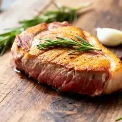 Un succulent filet mignon au four, garni de romarin frais, sur une planche en bois rustique. Un délice à savourer.