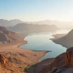 Pustynny krajobraz z jeziorem w Omanie. Czy Oman jest bezpieczny? Tak, to spokojne miejsce.