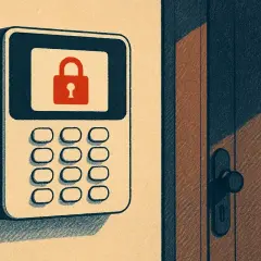 Alarmanlage mit rotem Schloss-Symbol und Tastatur neben einer Tür. Bereit zum Test.
