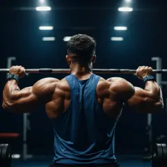 Mięśniak w niebieskiej koszulce podnosi sztangę, demonstrując siłę podczas treningu push pull legs.