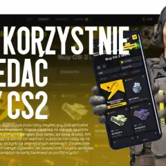 Chcesz wiedzieć, gdzie sprzedać skiny CS2? Grafika pokazuje aplikację do handlu wirtualnymi przedmiotami z gry Counter-Strike 2, gdzie gracze mogą bezpiecznie sprzedawać swoje skiny.