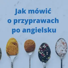 Sześć łyżek z różnymi przyprawami, w tym kurkumą i pieprzem. Tekst: "Jak mówić o przyprawach po angielsku".