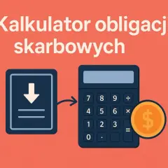 Kalkulator skarbowy pomaga jak obliczyć zysk z obligacji. Ikona pobierania i kalkulator z monetą.
