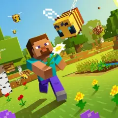 Steve z Minecrafta w otoczeniu pszczół i kwiatów. Chcesz wiedzieć, skąd pobrać Minecrafta?