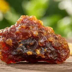 Kawałek ciemnobrązowego propolisu, znanego z właściwości leczniczych. W tle plastry miodu i zielone liście. Propolis co to? To naturalny produkt pszczeli.