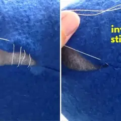 Learn how to do invisible stitch on blue felt. A needle and white thread are shown in action, creating a seamless repair.