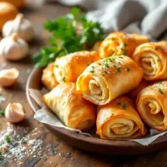 Délicieux rouleaux de pâte filo dorés, parsemés de persil frais. Parfaits pour un apéritif gourmand.