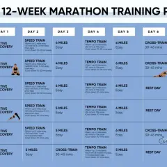 Plan treningowy na 12 tygodni do maratonu, pokazujący jak biegać: dni z aktywną regeneracją, treningi szybkościowe, tempowe, cross-training i dni odpoczynku.