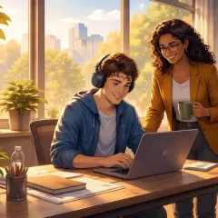 A supportive manager helps her autistic coworker focus on his laptop, creating a positive work environment.