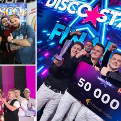 Grupa mężczyzn świętuje zwycięstwo w Disco Star 2026, trzymając czek na 50 000 zł.