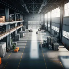 Wielopoziomowy magazyn z regałami pełnymi paczek, maszynami i wózkami widłowymi. To serce każdego nowoczesnego centrum logistycznego.