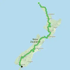 Karte von Neuseeland mit dem Te Araroa Wanderweg, der sich von Nord nach Süd schlängelt.