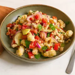 Bunter Brotsalat mit Tomaten, Gurken und roten Zwiebeln. Ein köstliches Brotsalat Rezept, das Lust auf mehr macht.