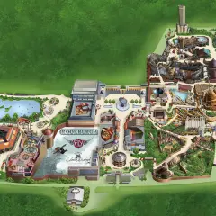Karte des Phantasialands mit verschiedenen Themenbereichen wie Rookburgh und China Town. Seit 1967 gibt es das Phantasialand.