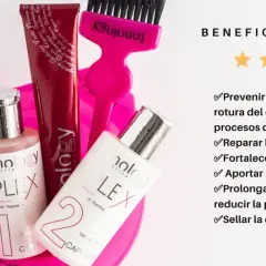 Kit de tratamiento PLEX para reparar y fortalecer el cabello, con productos para nutrición y reparación.