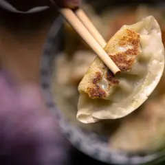 Ein Stäbchen hebt eine goldbraun gebratene Gyoza-Dumpling aus einer Schüssel.