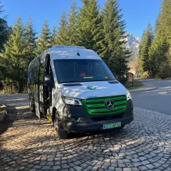 Nowy, ekologiczny bus na Morskie Oko czeka na turystów. W tle góry i las.