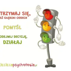 Sygnalizacja świetlna z rękami i nogami, z twarzami na światłach. Tekst: "Zatrzymaj się, weź głęboki oddech, pomyśl, podejmij decyzję, działaj". Unikaj dehumanizacji, myśl!