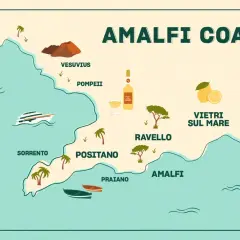 Map showing the route from Naples to the Amalfi Coast, highlighting towns like Sorrento, Positano, and Amalfi, with icons for Vesuvius and lemons.