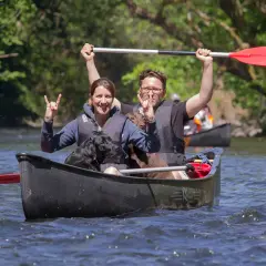 Glückliche Menschen und ihre Hunde genießen eine Kanutour NRW. Sie paddeln auf einem Fluss, die Sonne scheint, und die Stimmung ist ausgelassen.