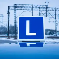 Niebieska tablica z literą "L" na dachu samochodu, symbolizująca naukę jazdy i przyszłe testy na kierowcę.
