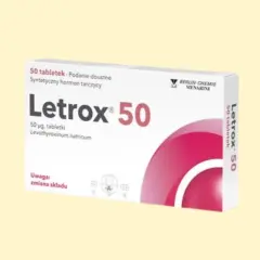 Opakowanie leku Letrox 50, zawierające 50 tabletek z lewotyroksyną sodową, stosowanego jako syntetyczny hormon tarczycy.