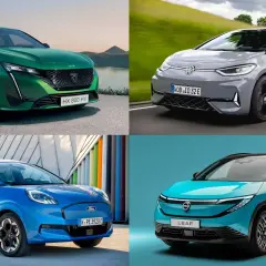 Anteprima delle auto elettriche 2026: Peugeot verde, VW grigia, Ford blu e Nissan Leaf azzurra.