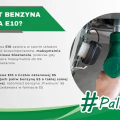 Dłoń trzyma zielony pistolet dystrybutora, tankując samochód. Obok tekst wyjaśniający, czym jest benzyna E10 i jej skład. #PaliwoE10.