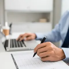 Mężczyzna w biurze pracuje przy laptopie i wypełnia dokumenty. Dowiaduje się, jak złożyć wniosek o wakacje kredytowe.