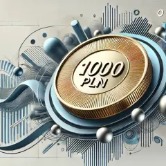 Złota moneta 1000 PLN w centrum abstrakcyjnej kompozycji z wykresami i kulami. Zastanawiasz się, ile bierze adwokat za sprawę o podwyższenie alimentów?