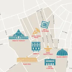 Mappa stilizzata di Napoli con icone per Piazza del Plebiscito, Palazzo Reale, Napoli Sotterranea, Antica Pizzeria Brandi, Teatro di San Carlo e Galleria Umberto I.