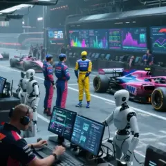 W garażu F1, gdzie roboty i ludzie analizują dane, widać, co to jest telemetria: wykresy na ekranach pokazują parametry bolidów.