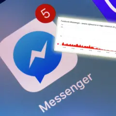 Ikona Messengera z powiadomieniem "5". Obok wykres pokazujący awarie zgłoszone w ciągu 24h. Dowiedz się, jak aktualizować Messengera, by uniknąć problemów.