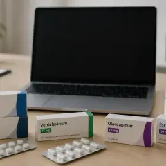 Na biurku leżą leki: Sertralinum, Quetiapinum, Venlafaxinum, Olanzapinum i Escitalopramum. Obok laptopa i białej buteleczki.